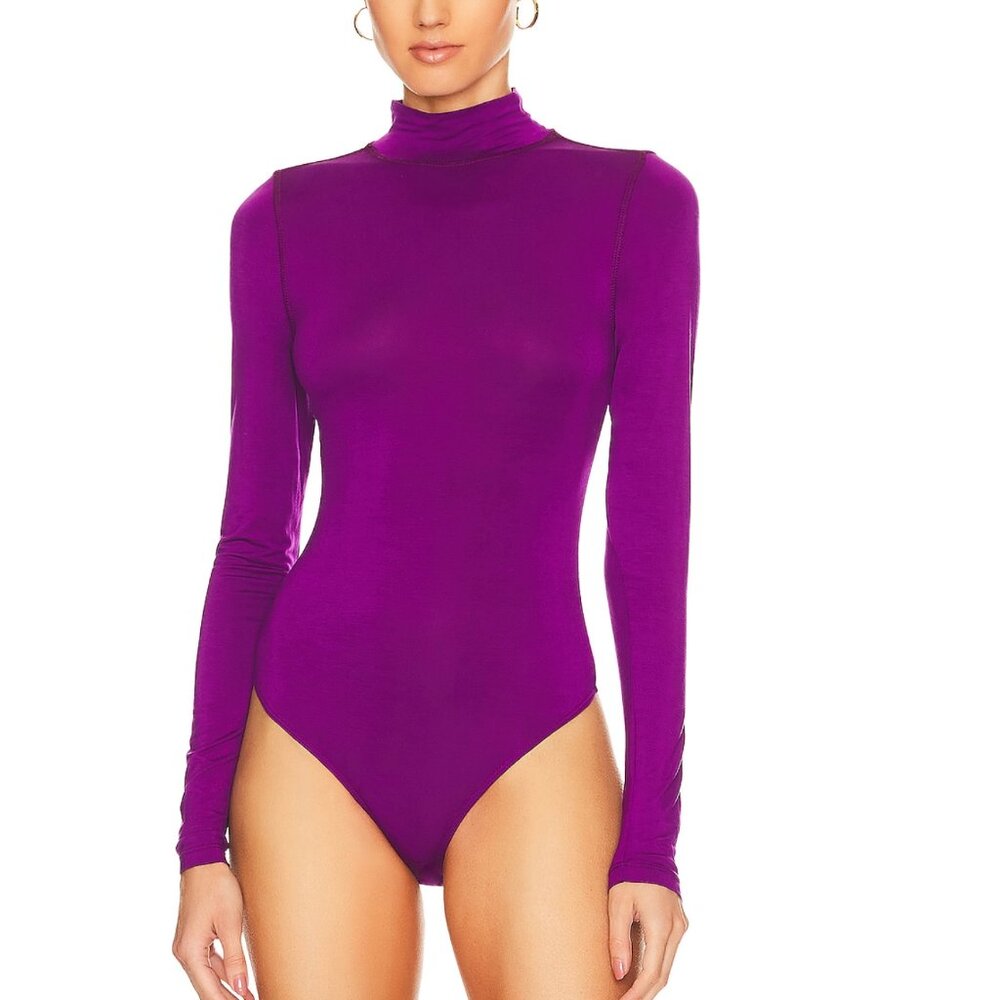 NEW L'Academie The Zelie Bodysuit in Grape Purple Long Sleeve Turtleneck Shirt